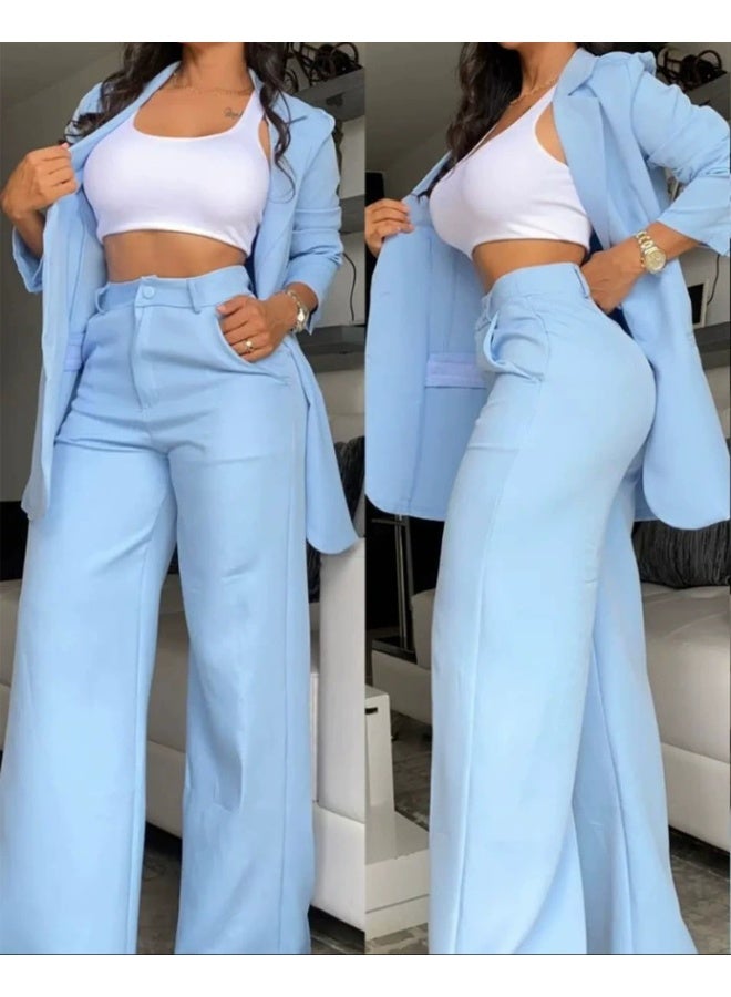 general 2026 Women's Elegant Pure Color Frayed Sleeve Collar Suit with Straight Pants Set - Image 1