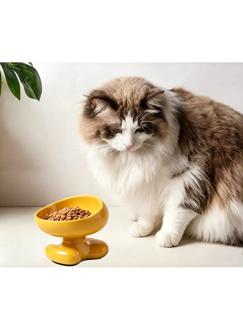 Nailuck Ceramic Elevated Cat Bowl, 15° Tilted Neck-Friendly Pet Food Water Bowl, Anti-Spill Curved Design for Cats & Small Dogs, Yellow - Image 2
