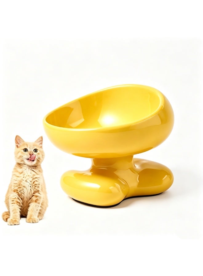 Nailuck Ceramic Elevated Cat Bowl, 15° Tilted Neck-Friendly Pet Food Water Bowl, Anti-Spill Curved Design for Cats & Small Dogs, Yellow - Image 1