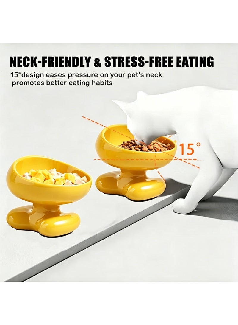 Nailuck Ceramic Elevated Cat Bowl, 15° Tilted Neck-Friendly Pet Food Water Bowl, Anti-Spill Curved Design for Cats & Small Dogs, Yellow - Image 3