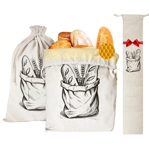 SRRUI Reusable Bread Bags for Homemade Bread，Natural BeesWax & Linen Cotton，Large Capacity and Portable,Bread Keeper for Sourdough，Food/Bread Storage,with Free Baguette Bag - Image 1