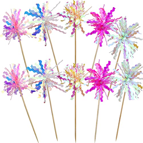 JOGILBOY 10 Pcs Happy Birthday Cake Toppers Foil Firework Cupcake Toppers Sparkle Tinsel Drink Stirrers Flowers Cake Decoration Cocktail Food Fruit Toothpick for Cake Decoration Party Supplies - Image 3