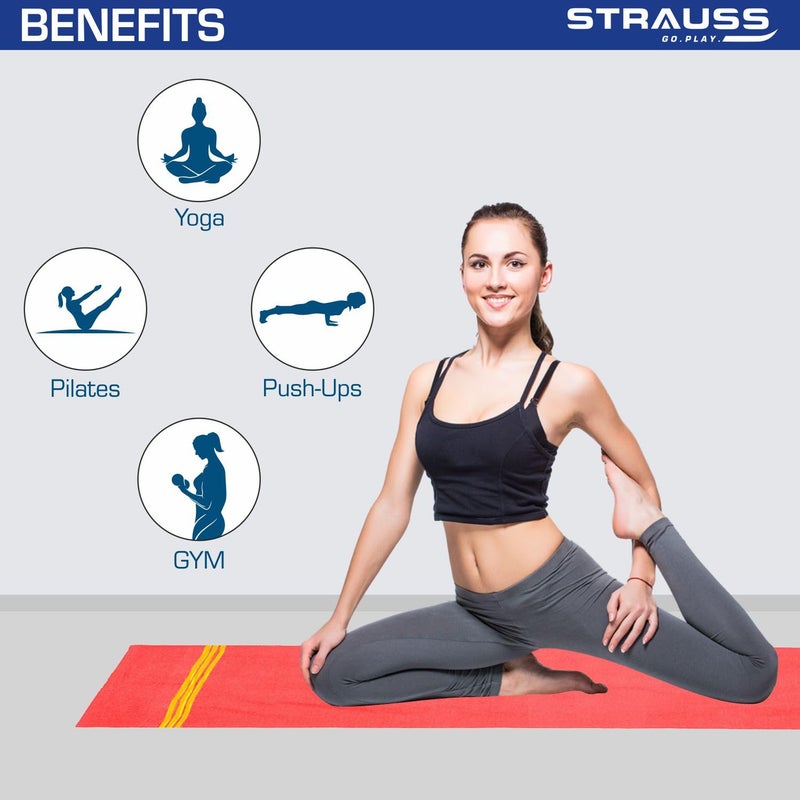 STRAUSS : Cotton Yoga Mat For Women and Men | Exercise mat for home workout, 100% Cotton, Anti Slip Fitness mat | Washable, Breathable, Sweat Absorbent & Eco-friendly material - 4mm (Red) - Image 3