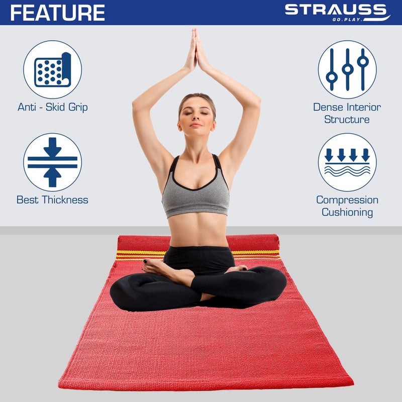 STRAUSS : Cotton Yoga Mat For Women and Men | Exercise mat for home workout, 100% Cotton, Anti Slip Fitness mat | Washable, Breathable, Sweat Absorbent & Eco-friendly material - 4mm (Red) - Image 2