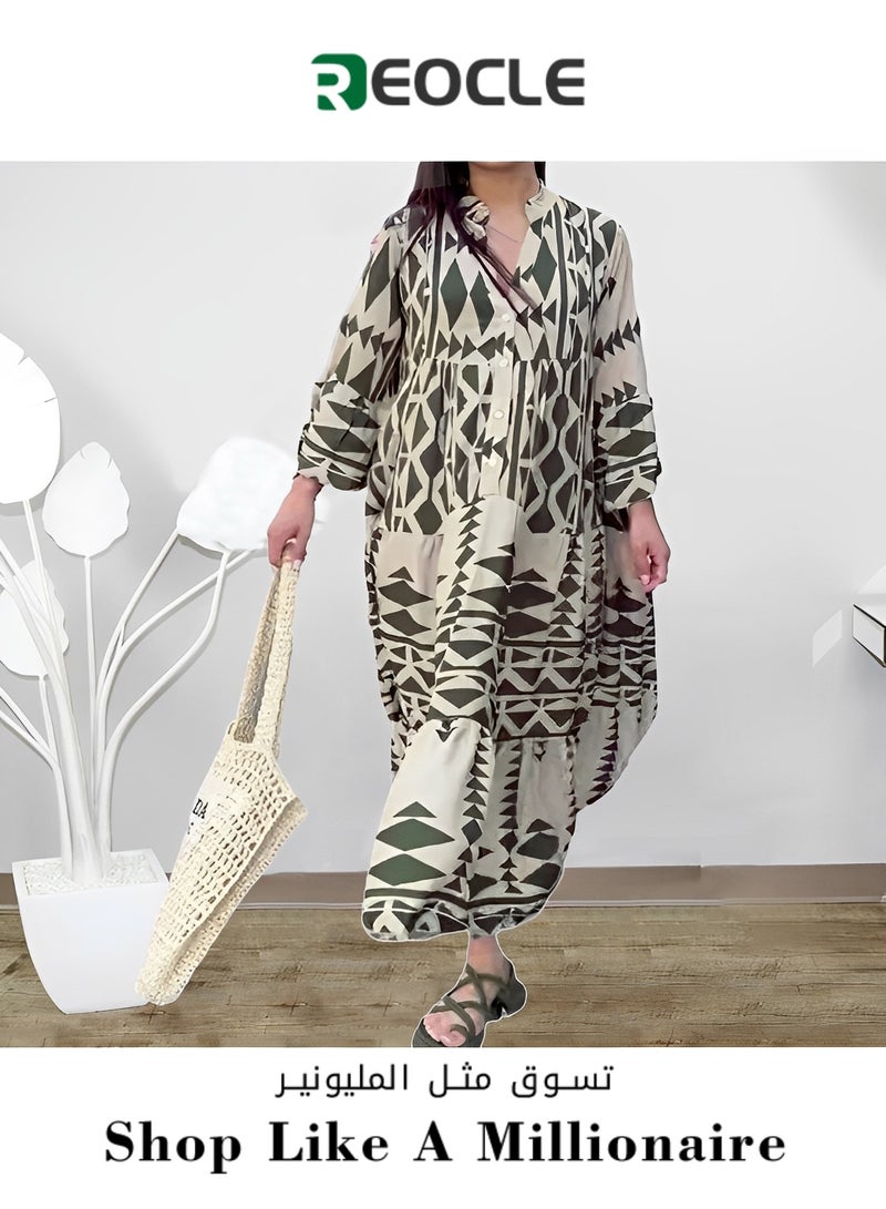 ريوكل فستان ماكسي نسائي فضفاض بنمط بوهيمي بأكمام طويلة ورقبة على شكل حرف V وأزرار وطبعات زهور طويلة - Image 1