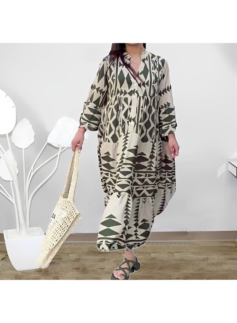 ريوكل فستان ماكسي نسائي فضفاض بنمط بوهيمي بأكمام طويلة ورقبة على شكل حرف V وأزرار وطبعات زهور طويلة - Image 2