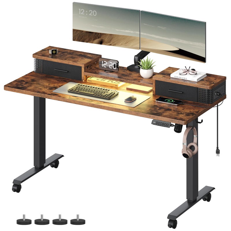 VASAGLE Electric Standing Desk with Drawers 551 x 236 Inches Sit Stand Desk with Power Outlet and LED Lights Adjustable Height Storage Shelf 3 Memory Buttons for Home Office Rustic Brown