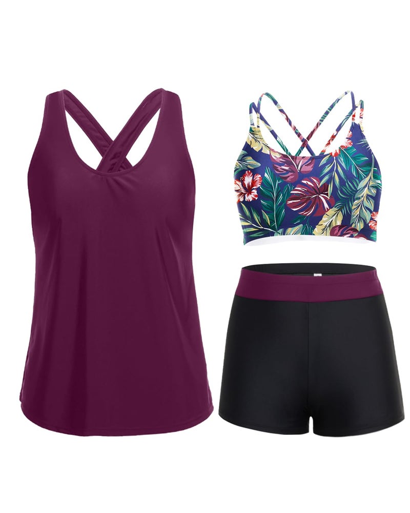 Holipick Purple 3 Piece Tankini Swimsuits for Women Tummy Control Bathing Suits Swim Tank Top with Bra Boy Shorts Teen Swimwear S - Image 1