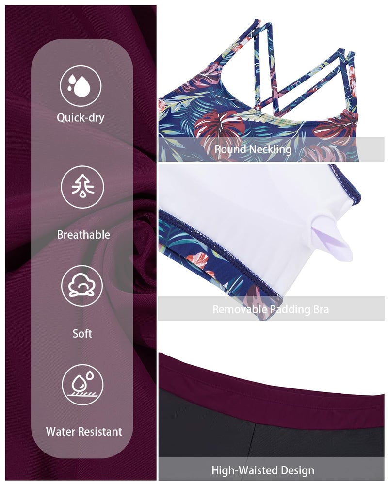 Holipick Purple 3 Piece Tankini Swimsuits for Women Tummy Control Bathing Suits Swim Tank Top with Bra Boy Shorts Teen Swimwear S - Image 5