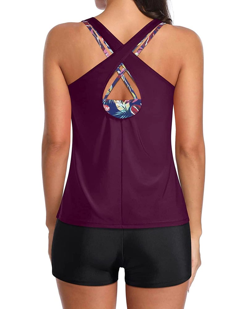 Holipick Purple 3 Piece Tankini Swimsuits for Women Tummy Control Bathing Suits Swim Tank Top with Bra Boy Shorts Teen Swimwear S - Image 2