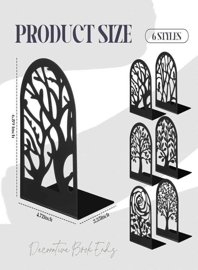 Feifeiya 6 Pairs Decorative Book Ends Metal Bookends for Shelves Black Metal Heavy Duty Book Ends Holder Supports Stoppers for Home Office School, 6.9x4.9x3.5”(Tree and Flower) - Image 2