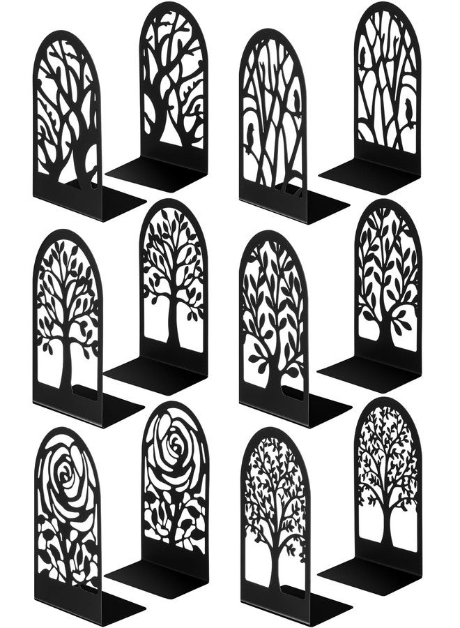 Feifeiya 6 Pairs Decorative Book Ends Metal Bookends for Shelves Black Metal Heavy Duty Book Ends Holder Supports Stoppers for Home Office School, 6.9x4.9x3.5”(Tree and Flower) - Image 1