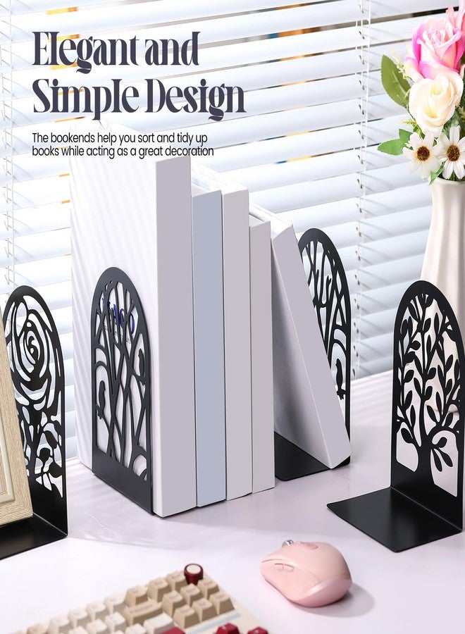 Feifeiya 6 Pairs Decorative Book Ends Metal Bookends for Shelves Black Metal Heavy Duty Book Ends Holder Supports Stoppers for Home Office School, 6.9x4.9x3.5”(Tree and Flower) - Image 5