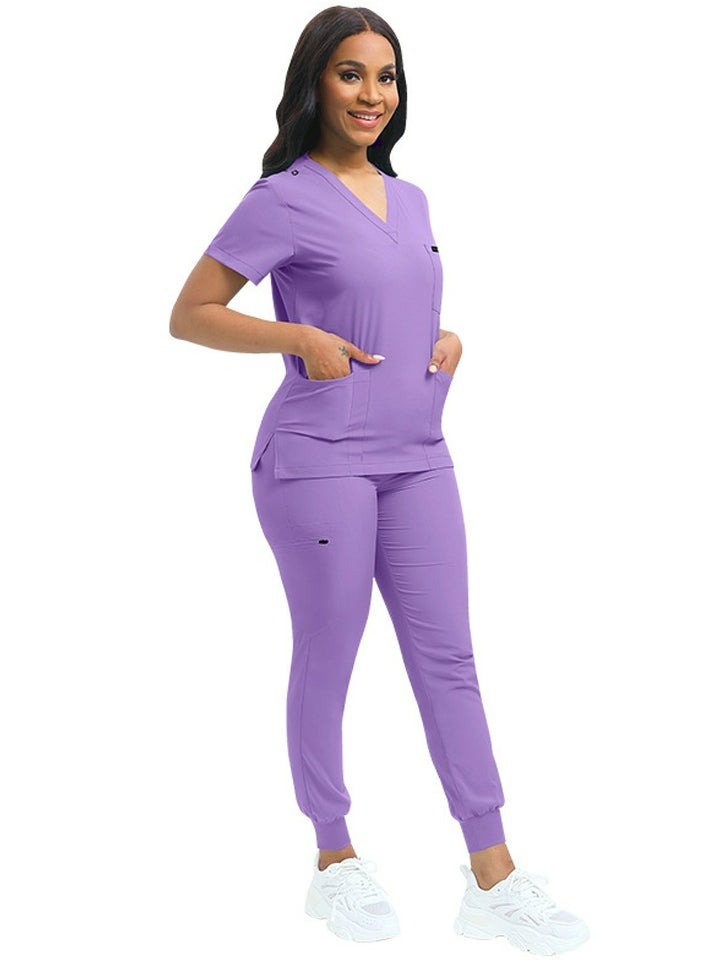 Loquat Medical Uniform Scrubs 2 Piece Set V-Neck Top and Elastic Waist Jogger Pants Suit Purple  - Image 1