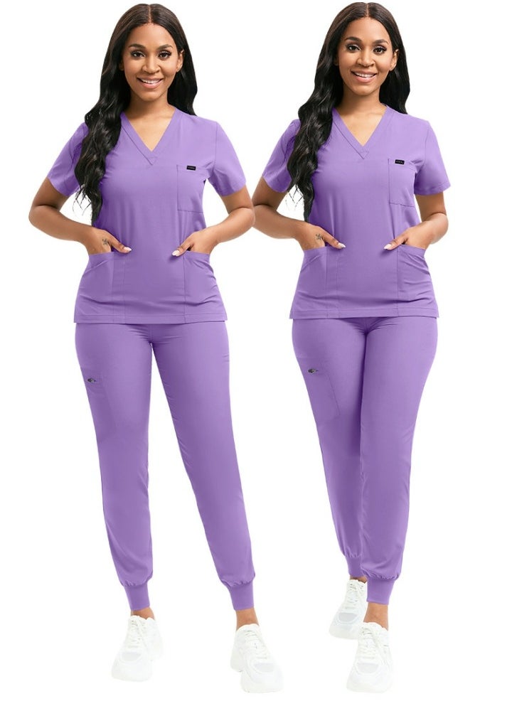 Loquat Medical Uniform Scrubs 2 Piece Set V-Neck Top and Elastic Waist Jogger Pants Suit Purple  - Image 2