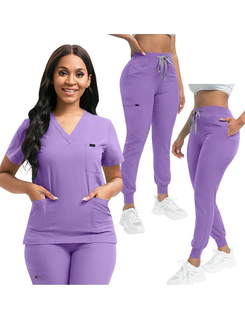 Loquat Medical Uniform Scrubs 2 Piece Set V-Neck Top and Elastic Waist Jogger Pants Suit Purple  - Image 3