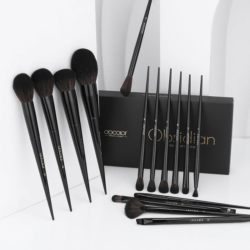 Docolor Makeup Brushes 15 Pieces Professional Set Premium Synthetic Hair Kabuki Face Blush Eyeshadow Eyeliner Foundation Powder Cosmetic Make Up Brush Kit, Black Obsidian Series - Image 2