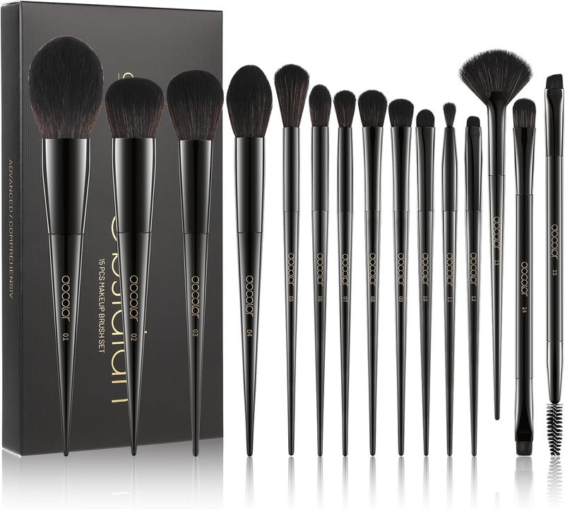 Docolor Makeup Brushes 15 Pieces Professional Set Premium Synthetic Hair Kabuki Face Blush Eyeshadow Eyeliner Foundation Powder Cosmetic Make Up Brush Kit, Black Obsidian Series - Image 1