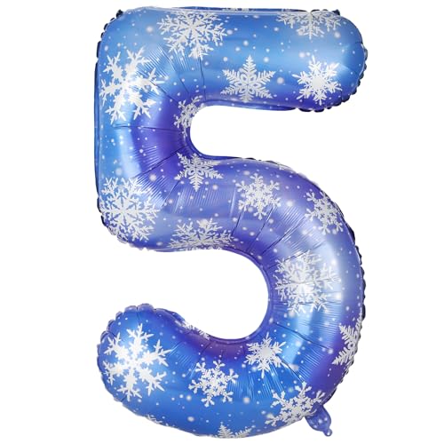 Lunmon 40 Inch Blue Snowflake Balloon Number Birthday Balloons Decorations for Girls Birthday Snowflake Themed Party Supplies Winter Party DecorationsNumber 5 - Image 1