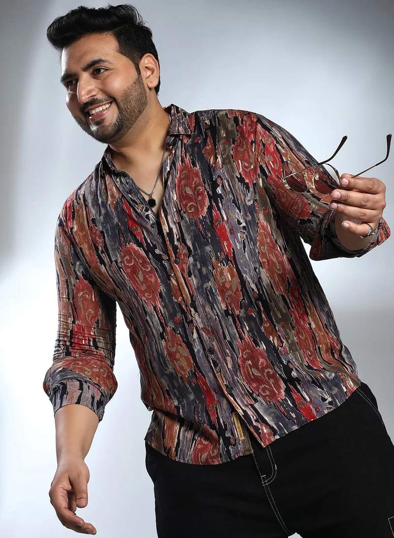 انستافاب بلس قميص رجالي متعدد الألوان بنقوش أوراق شجر باهتة مقاس بلس للملابس الكاجوال بياقة عريضة وأكمام طويلة بأزرار