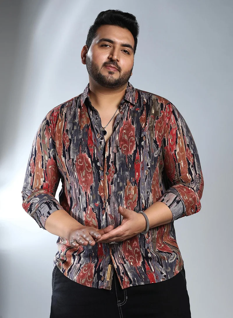 انستافاب بلس قميص رجالي متعدد الألوان بنقوش أوراق شجر باهتة مقاس بلس للملابس الكاجوال بياقة عريضة وأكمام طويلة بأزرار