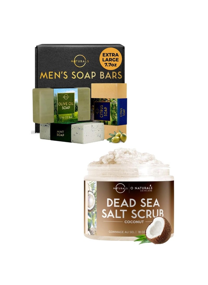 O Naturals O Naturals 3pc Refreshing Mens Soap & Coconut Body Scrub Bundle - Organic & Natural Soap for Men & Women - Citrus,Olive&Mint Exfoliating Coconut Oil Dead Sea Salt Deep-Cleansing Face & Body Scrub  - Image 1