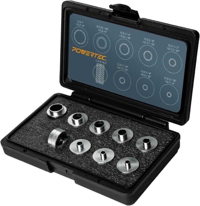 POWERTEC دليل جهاز التوجيه، مجموعة دليل بوشينغ جهاز التوجيه، دليل قالب جهاز التوجيه 10 قطع مع حقيبة تخزين، يناسب قاعدة جهاز التوجيه من نوع بورتر كابل. حجم 5/16" إلى 1" مجموعة إدخال جهاز التوجيه للأعمال الخشبية (71051E) - Image 1