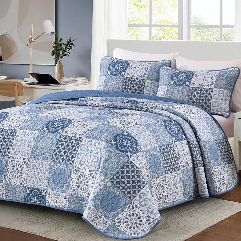 Dobuyly Blue Quilt Set Queen Size, Boho Mineral Blue Plaid Patchwork Bedspreads Coverlet Set, 3 Pieces Soft Lightweight Microfiber Quilt Bedding Set for All Seasons 96"x90" - Image 2