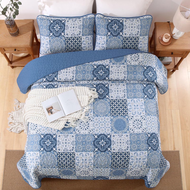 Dobuyly Blue Quilt Set Queen Size, Boho Mineral Blue Plaid Patchwork Bedspreads Coverlet Set, 3 Pieces Soft Lightweight Microfiber Quilt Bedding Set for All Seasons 96"x90" - Image 3