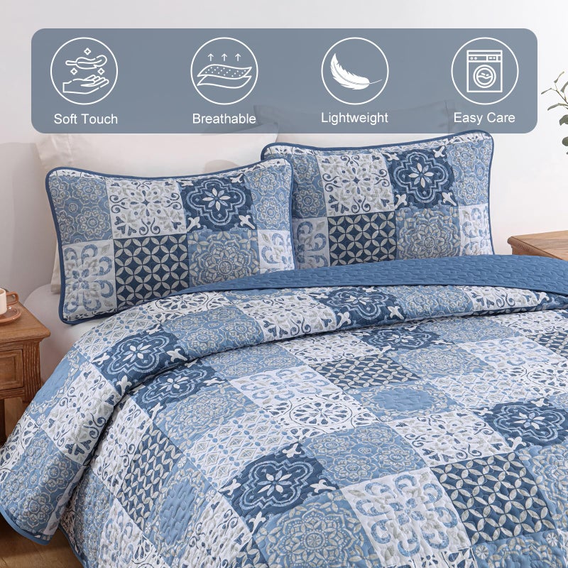 Dobuyly Blue Quilt Set Queen Size, Boho Mineral Blue Plaid Patchwork Bedspreads Coverlet Set, 3 Pieces Soft Lightweight Microfiber Quilt Bedding Set for All Seasons 96"x90" - Image 4