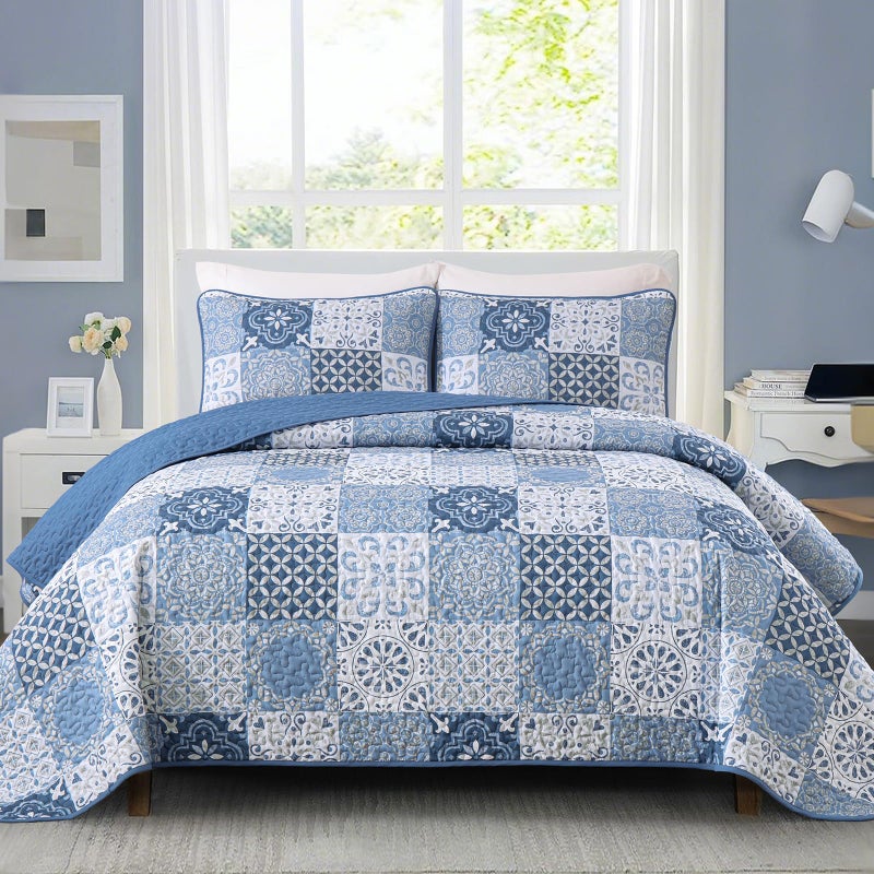 Dobuyly Blue Quilt Set Queen Size, Boho Mineral Blue Plaid Patchwork Bedspreads Coverlet Set, 3 Pieces Soft Lightweight Microfiber Quilt Bedding Set for All Seasons 96"x90" - Image 1