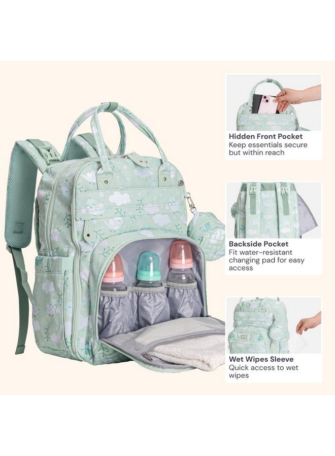 BabbleRoo Diaper Bag Backpack - Baby Essentials, Travel Essentials Baby Bag with Changing Pad, Stroller Straps & Pacifier Case - Unisex, Green Birdy - Image 4