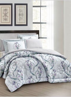 Donetella Comforter Set 4-Pcs Single Size Printed Reversible Bed FIt 170x 230 CM All Season Comforter With (350 GSM) Down Alternative Filling, Metallic Silver  - Image 1
