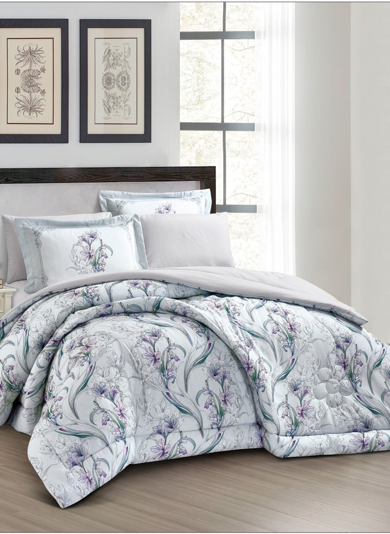 Donetella - Comforter Set 4-Pcs Single Size Printed Reversible Bed FIt 170x 230 CM All Season Comforter With (350 GSM) Down Alternative Filling, Metallic Silver - Image 1
