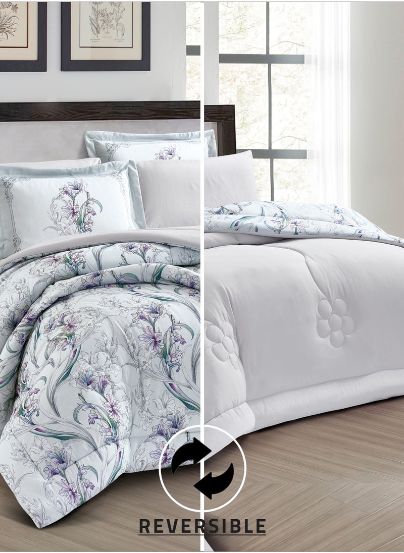 Donetella - Comforter Set 4-Pcs Single Size Printed Reversible Bed FIt 170x 230 CM All Season Comforter With (350 GSM) Down Alternative Filling, Metallic Silver - Image 1