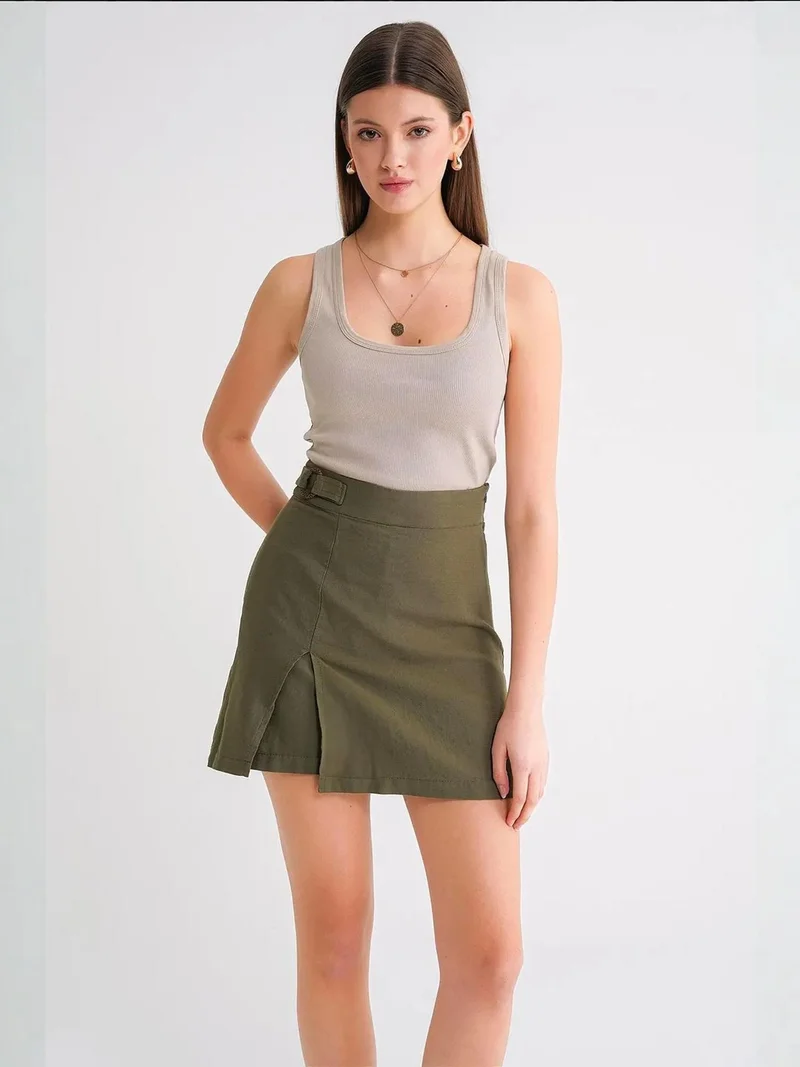MixRay Khaki Green Belted High-Waist Wrap Front Shorts with Slit Detail for Women | Best Price UAE