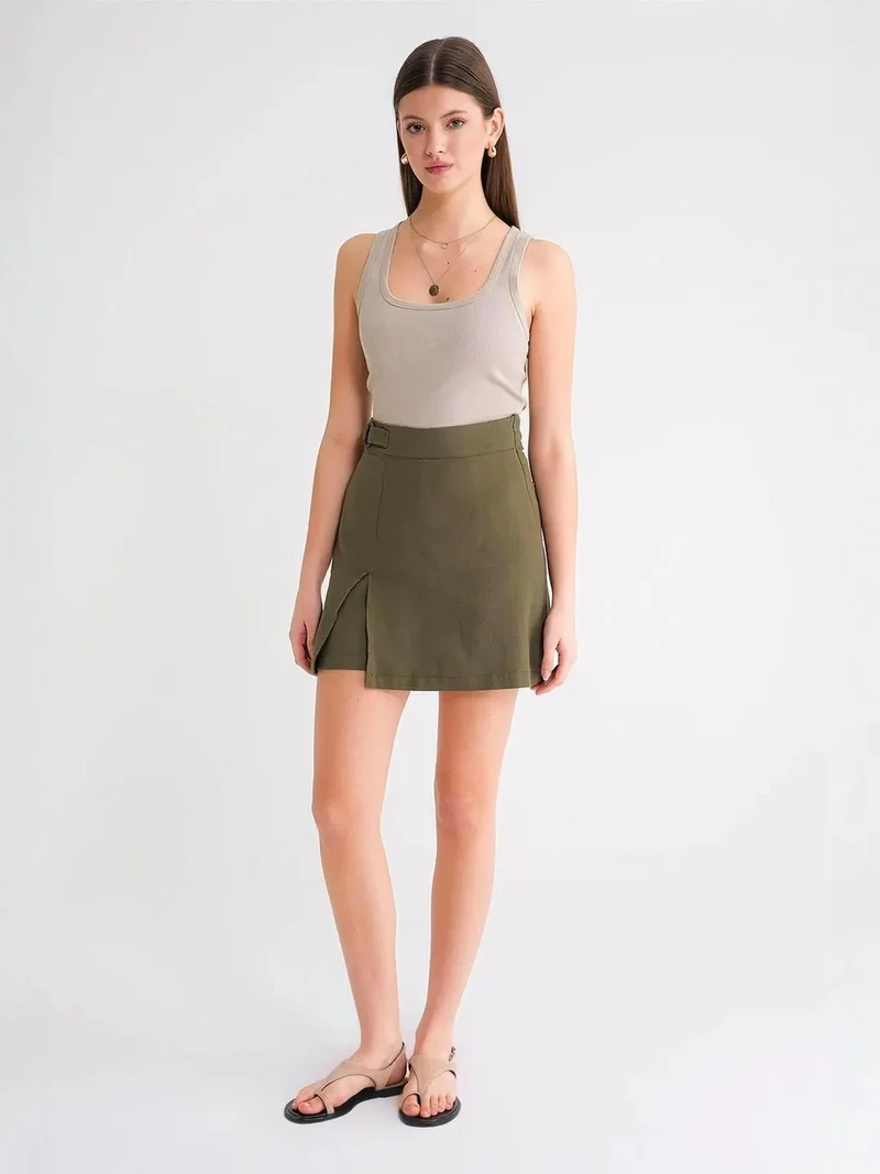 Mixray Khaki Green Belted High-Waist Wrap Front Shorts with Slit Detail for Women | Best Price UAE