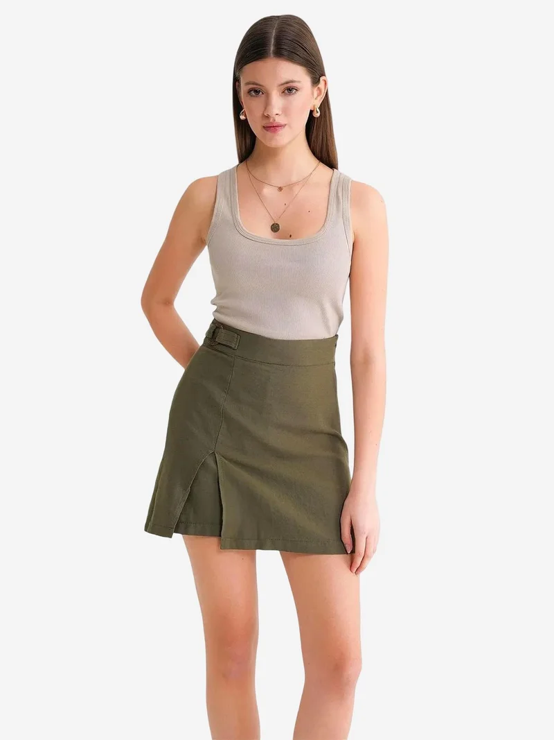 Mixray Khaki Green Belted High-Waist Wrap Front Shorts with Slit Detail for Women | Best Price UAE