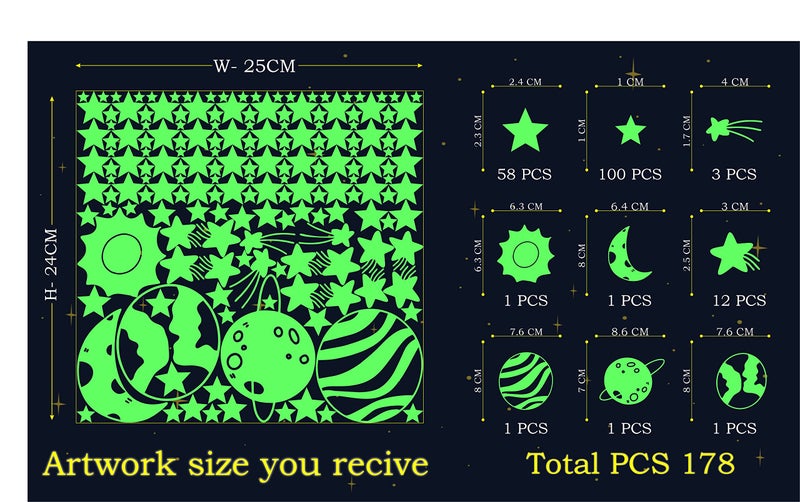 Dreamkraft Glow in The Dark Half Moon with Saturn and Space Elements Decorative Stickers - 178 Total Radium Vinyl Stickers - Image 5