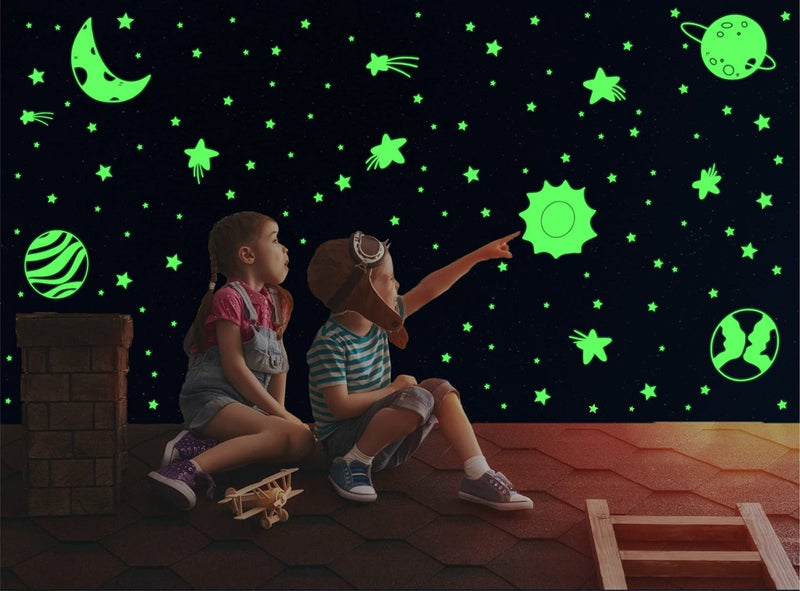 Dreamkraft Glow in The Dark Half Moon with Saturn and Space Elements Decorative Stickers - 178 Total Radium Vinyl Stickers - Image 2