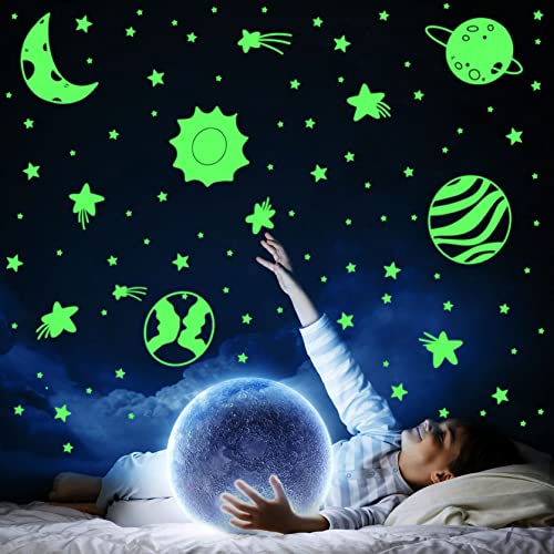 Dreamkraft Glow in The Dark Half Moon with Saturn and Space Elements Decorative Stickers - 178 Total Radium Vinyl Stickers - Image 1