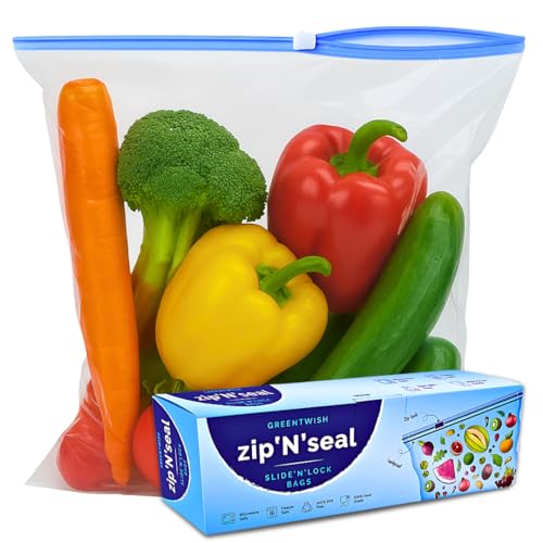GREENTWISH Zip 'N' Seal Slider Zip Lock Bags, Food Vegetable Fridge Storage Bag, Microwave Safe, BPA Free Reusable Polyethylene Transparent Zipper Bag | Size: 12 x 14 Inch (Extra Large) | 15 Bags - Image 1