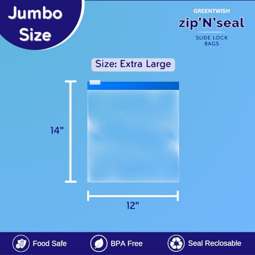 GREENTWISH Zip 'N' Seal Slider Zip Lock Bags, Food Vegetable Fridge Storage Bag, Microwave Safe, BPA Free Reusable Polyethylene Transparent Zipper Bag | Size: 12 x 14 Inch (Extra Large) | 15 Bags - Image 2