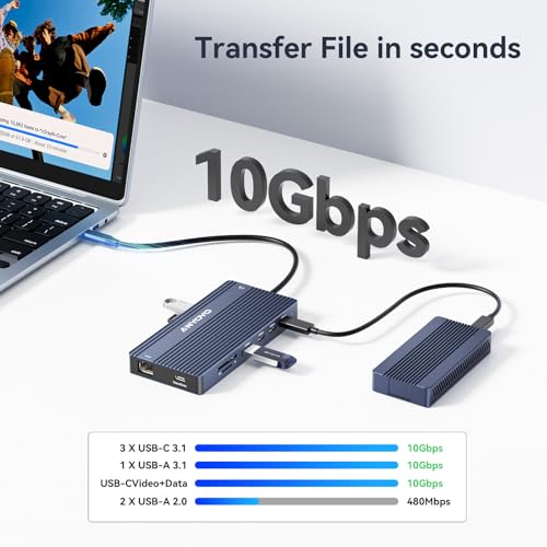 ANYOYO USB C Docking Station, 14 in 1 USB Hub for 3 Monitors, Dual 4K@60Hz HDMI & USB-C Video, 4xUSB-C(10Gbps),3X USB-A, Ethernet, SD/TF& 3.5mm Audio – Multiport Adapter for Lenovo/Dell/HP (Gray) - Image 3