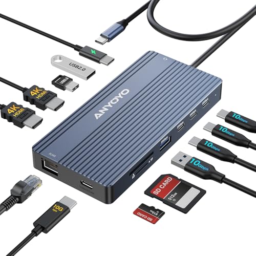 ANYOYO USB C Docking Station, 14 in 1 USB Hub for 3 Monitors, Dual 4K@60Hz HDMI & USB-C Video, 4xUSB-C(10Gbps),3X USB-A, Ethernet, SD/TF& 3.5mm Audio – Multiport Adapter for Lenovo/Dell/HP (Gray) - Image 1