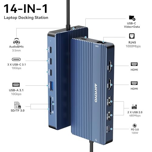 ANYOYO USB C Docking Station, 14 in 1 USB Hub for 3 Monitors, Dual 4K@60Hz HDMI & USB-C Video, 4xUSB-C(10Gbps),3X USB-A, Ethernet, SD/TF& 3.5mm Audio – Multiport Adapter for Lenovo/Dell/HP (Gray) - Image 2
