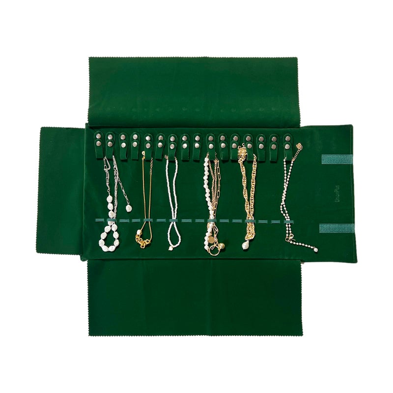 UnionPlus Velvet Travel Jewelry Roll Bag Organizer for Necklace, Elastic Band and Anti-winding, Blackish Green - Image 1