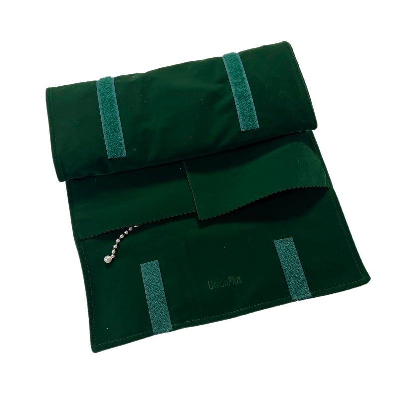 UnionPlus Velvet Travel Jewelry Roll Bag Organizer for Necklace, Elastic Band and Anti-winding, Blackish Green - Image 5