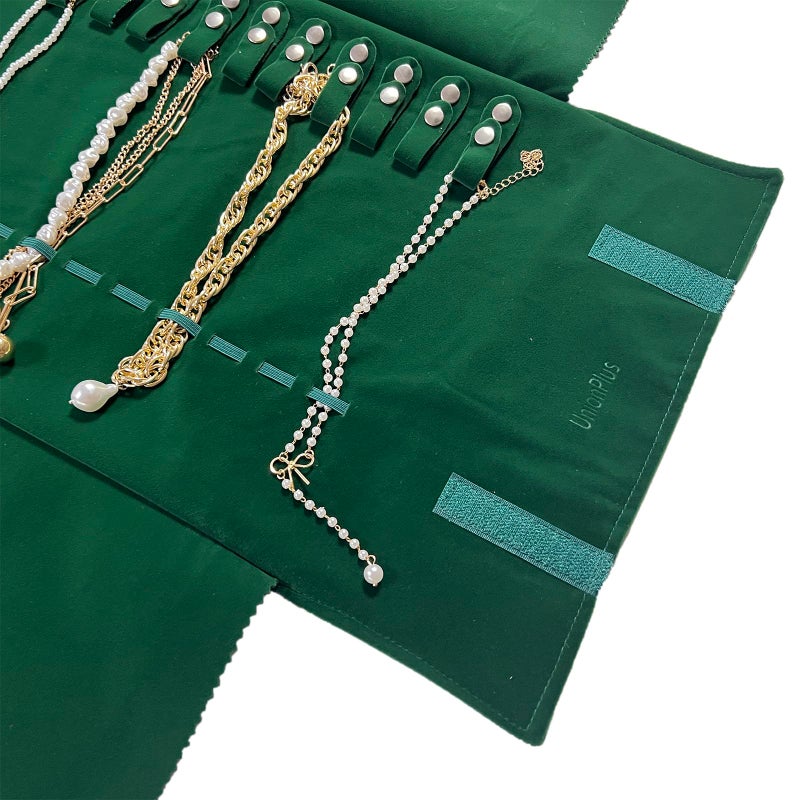 UnionPlus Velvet Travel Jewelry Roll Bag Organizer for Necklace, Elastic Band and Anti-winding, Blackish Green - Image 2