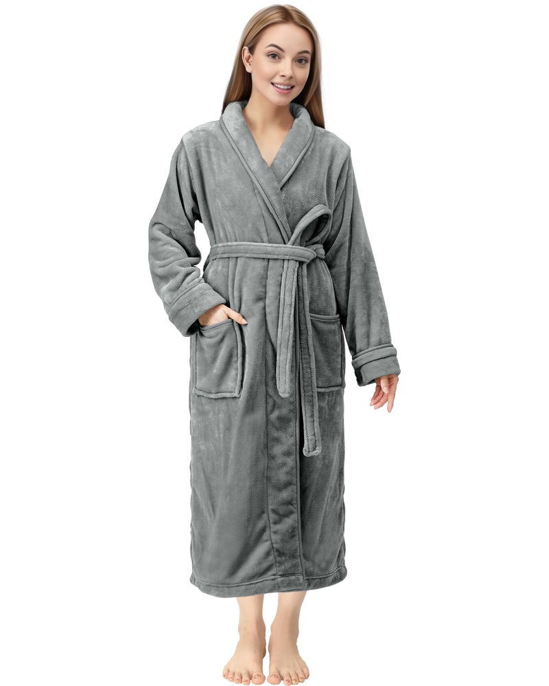 NY Threads Premium Womens Robe Plush Soft Long Bathrobe Warm Fleece Shawl Collar Spa Robe Pack of 1 Medium Steel Grey